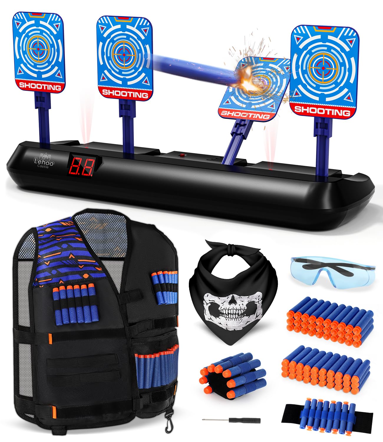 Lehoo Castle Nerf Target, Kids Toys for 3 4 5 6 Year Old Boys, Electronic Digital Target for Nerf Gun, 3-9 Year Old Gifts Shooting Game with 60 Bullets Vest (Black)
