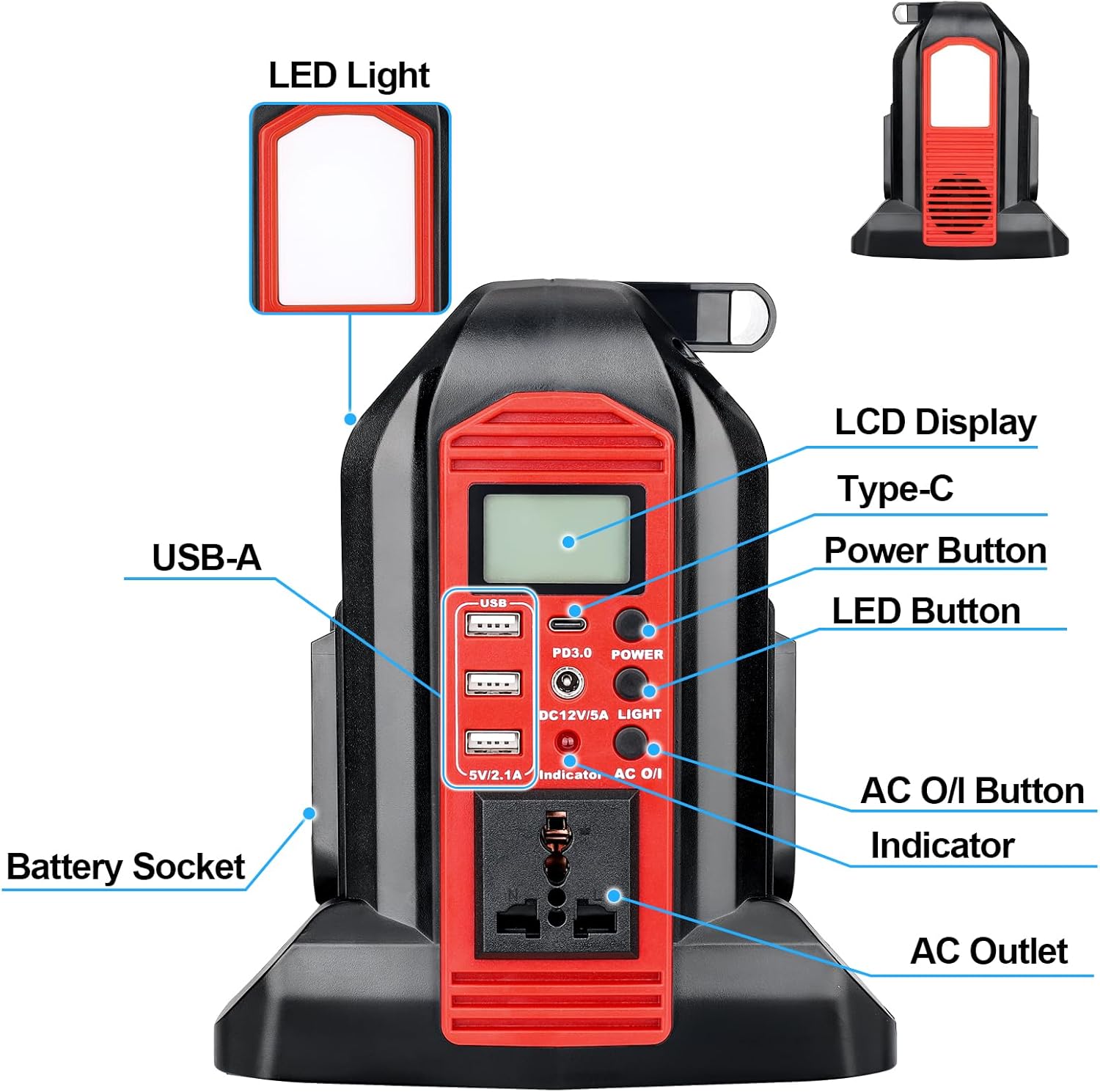 YEX-BUR 350W Power Inverter for Milwaukee 18v Battery, 2-Ports DC 18V to AC 120V Pure Sine Wave Inverter with 3 USB-A & 1 USB-C Port, 300LM LED Light for Camping Emergency(No Battery)