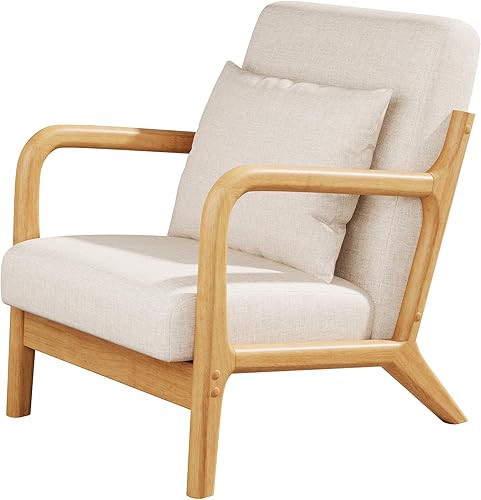 Miniatura 6 de Maggym Silla decorativa moderna con marco de madera, sillón tapizado con cojín trasero, cómodo sillón de lectura para sala de estar y dormitorio