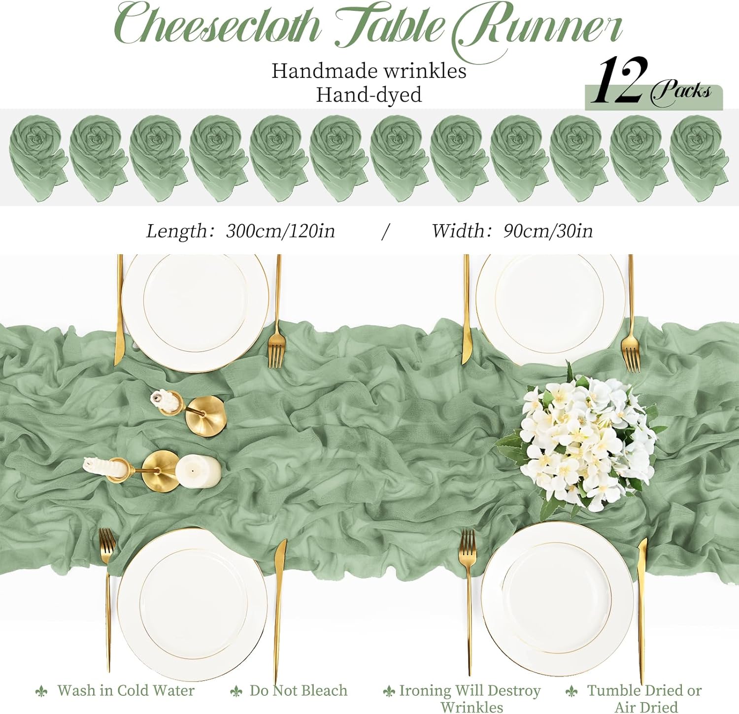 Teruntrue 12 Packs Sage Green Cheesecloth Table Runner,35x120 inch Rustic Gauze Boho Wedding Table Runner Decoration, Wedding Table Decor Sheer Table Runner for Wedding Party Bridal Shower Table