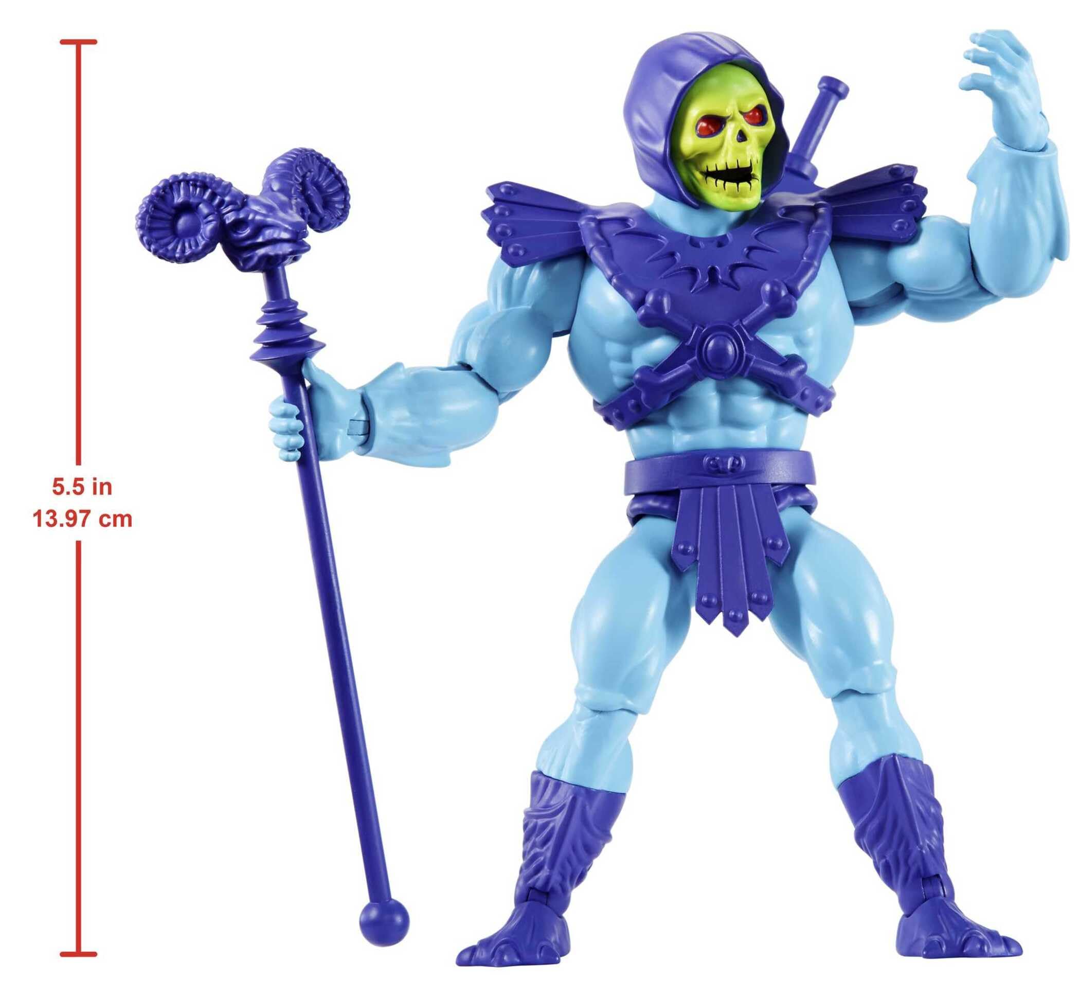 Masters of The Universe Origins Figura de acción de Skeletor, Juguete de Villano de televisión de 13,97cm, Motu 1980, diseño detallado con arnés, báculo Havoc y Espada, JNP98