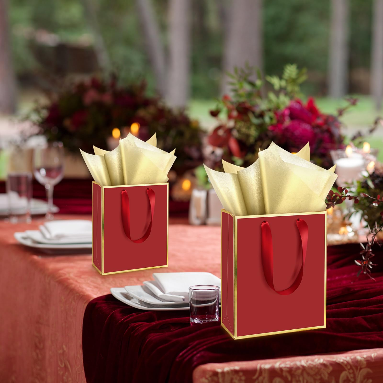 Yeaqee 24 Pack Metallic Paper Gift Bags with Handle and Tissue 9x7x3.1 Gold Foil Welcome Thank You Favor Bags Return Gifts for Wedding Mothers Graduation Bridesmaid Birthday(Burgundy Red and Gold)