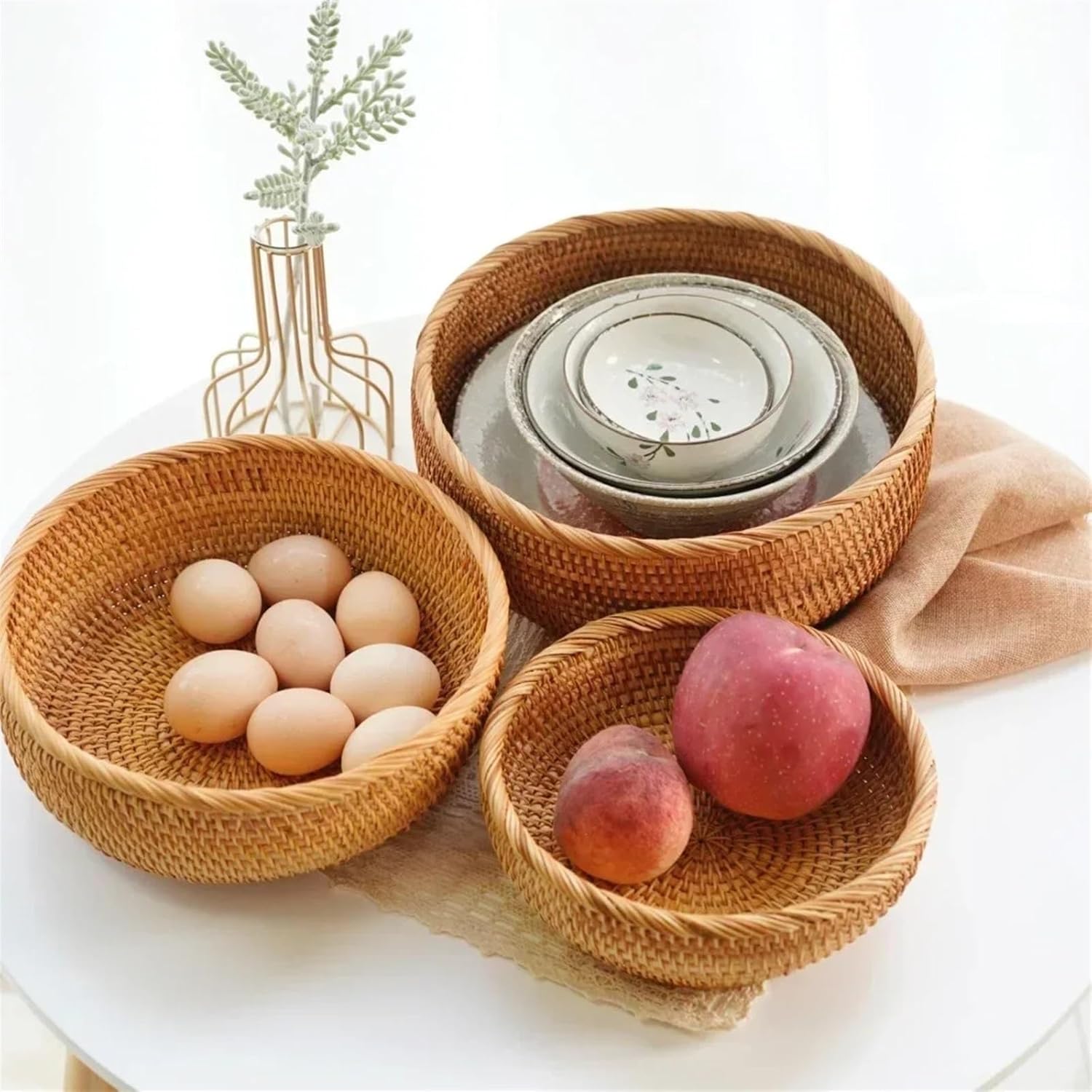 GLigeT Fruit Holder 3Pcs Round Rattan Bread Basket - Natural Wicker Fruits Bread Basket,Round Fruit Woven Basket Bowls,Handmade Rattan Bread Basket for Serving Bread Basket