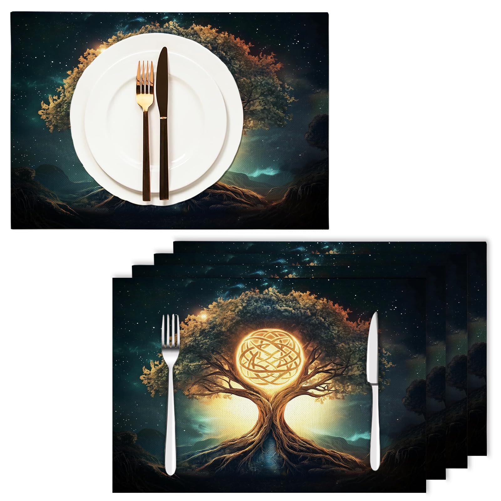 Set di 8 Tovagliette Americane Lavabili Cotone Lino Arte - Tovaglietta Americana Resistenti al Calore Durevole Alberi del cielo stellato - per Colazione Pranzo 30×45 cm