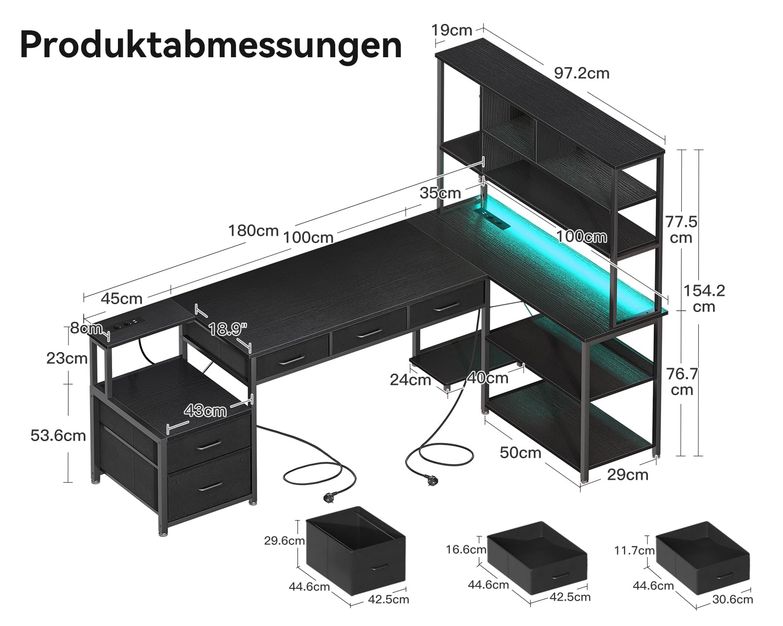 Coleshome Eckschreibtisch mit 5 Schubladen und Regal, 180×100 cm, Schwarz | Ecktisch mit LED-Beleuchtung und 2 Steckdosenleisten, Großer Schreibtisch, Reversibel, für Homeoffice & Familienecke