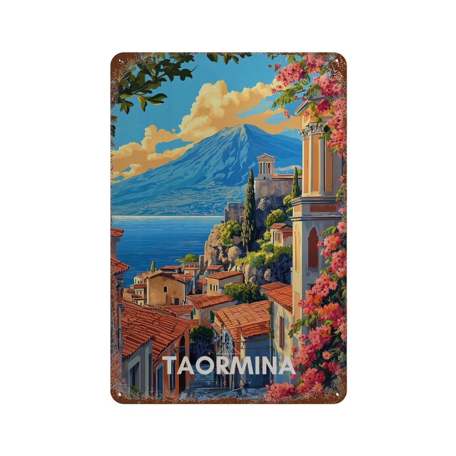 xiaoxiaoshen Taormina Sicily Colorful Italian Coastal Landscape Wall Decor Art Metal Tin Poster Modern Home Decor Art Home Bar Shop Decorations Vintage Sign 30x20cm