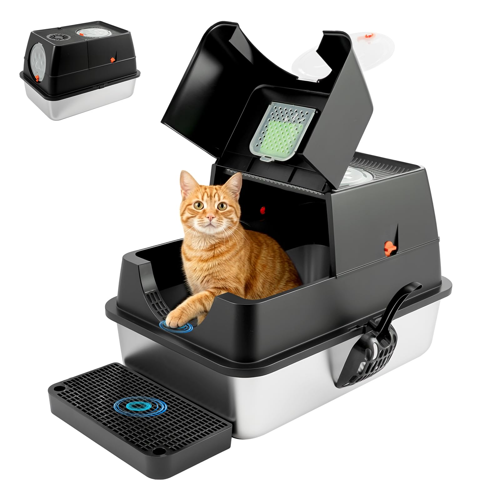 LN Cozy CORNE Stainless Steel Cat Litter Box, Metal Enclosed Litter Tray with Removable Flip Cover & High-Sided Design, XXL Cat Toilet, Includes Scoop & Pedal, 60 x 40 x 39 cm Dark Gray