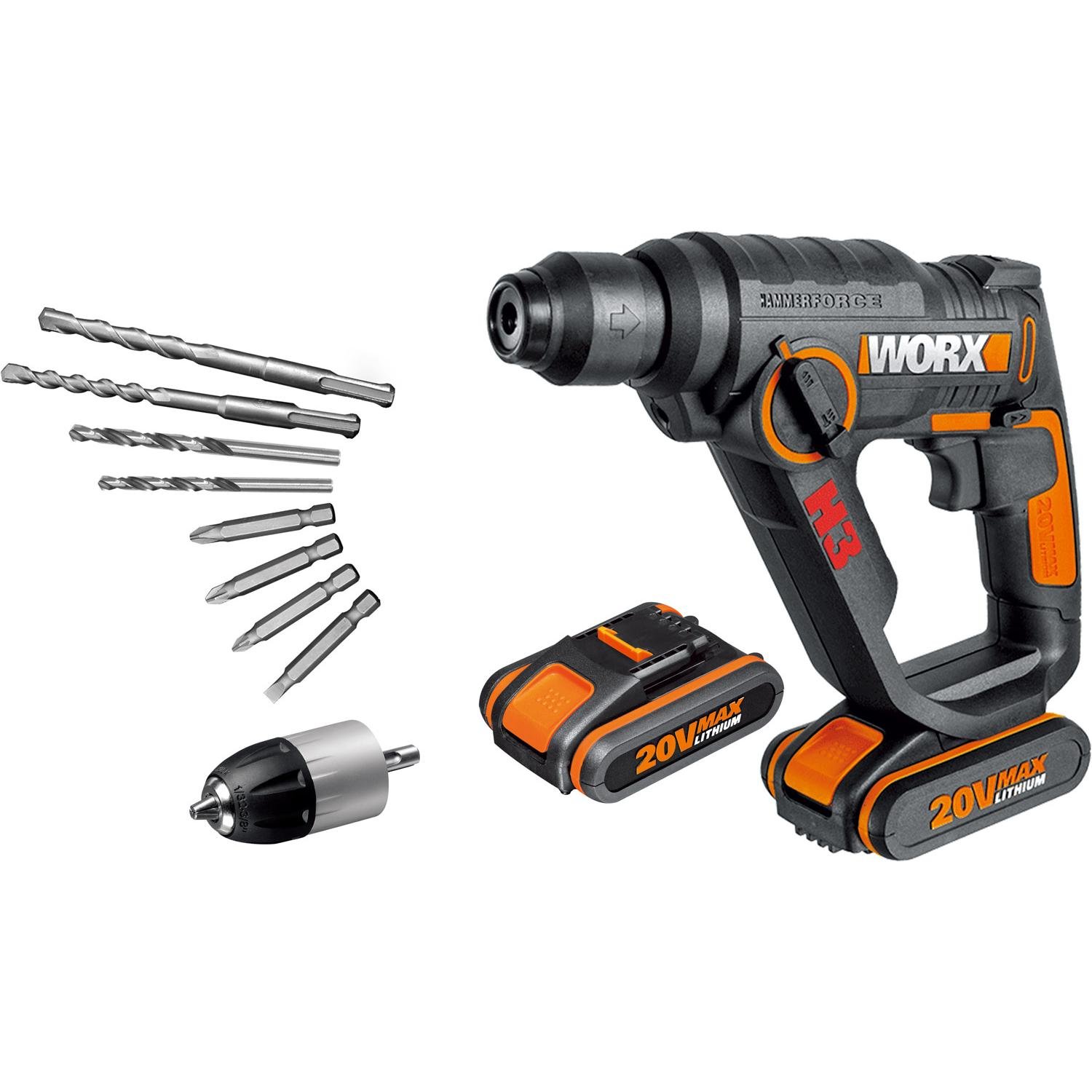 WORX WX390.1 H3 Martello Pneumatico, Trapano e Avvitatore 20V - 2 Batterie da 20V da 2,0Ah Li-Ion | Energia d’impatto 1,2 J e meccanismo pneumatico, per avvitare, forare e forare a percussione