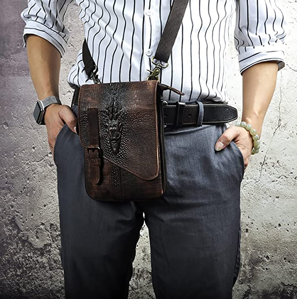 Le'aokuu Herren Verrückt Pferd Leder Tasche Freizeit Universität Schultasche Reisetasche Schultertasche Messenger Bag 611 (611-1 Krokodil Dunkebraun-Größ)