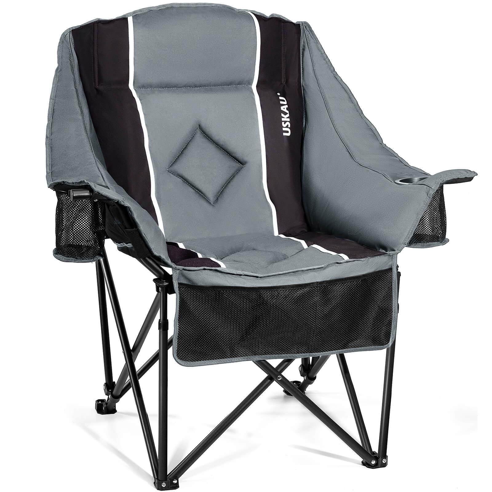 USKAU Oversized Camping Chair for Large Adults Heavy Duty 400 lbs Capacity, Comfortable Padded Folding Lawn Chair with Back & Headrest Support and Cup Holder, Portable Outdoor Chair with Carry Bag
