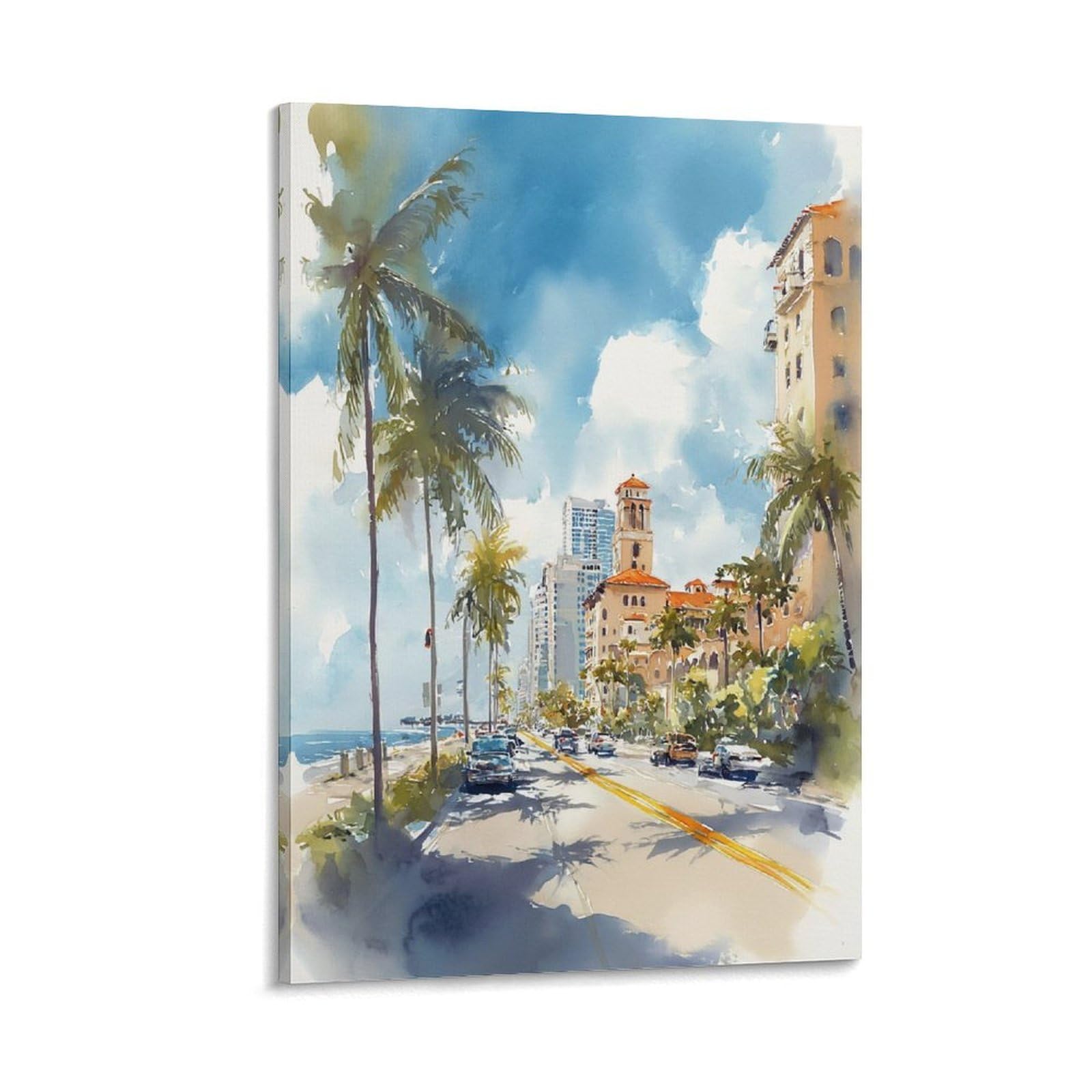 XWYMXZ Miami Watercolor Traditional 20x30inch(50x75cm) Vintage Travel Poster Watercolor Canvas Art