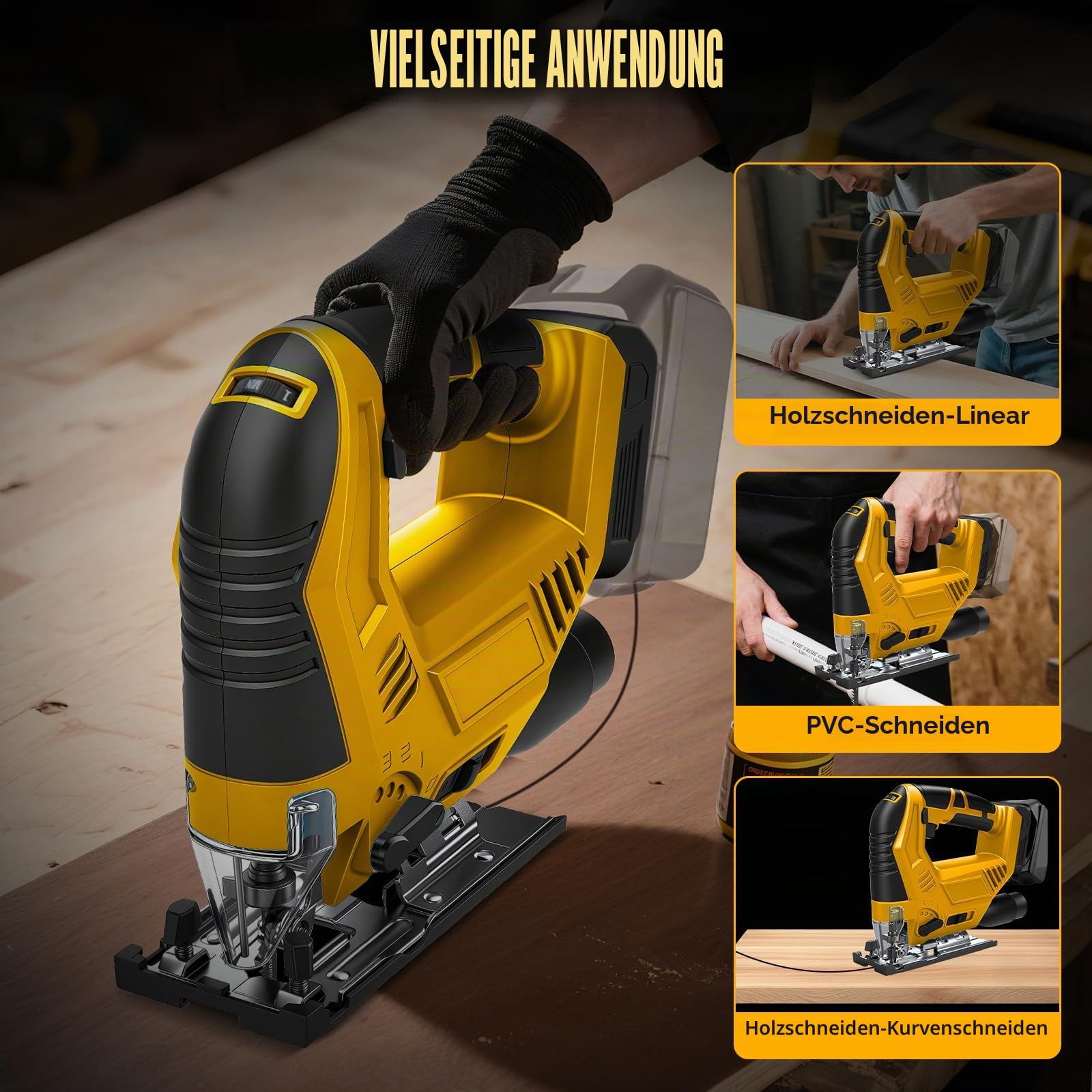 Akku Stichsäge kompatibel mit Dewalt 20V-Akku (ohne Batterie) | Elektrische Stichsäge, mit 45° Fase, 6 Geschwindigkeiten, 4 Orbital, Staubschlauch, Führungslineal und 5 Stück Sägeblätter