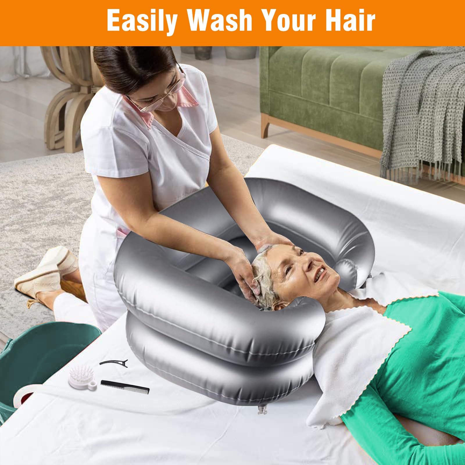 Lavacabezas Portatil para Casa con Almohada Pequeña & Tubo Drenaje 1M, Lava Cabezas Hinchable, Lavabo Champú Lavar Móvil,Equipo Cabello Lavado Inflable para Personas Discapacitades,Embarazadas,Mayores