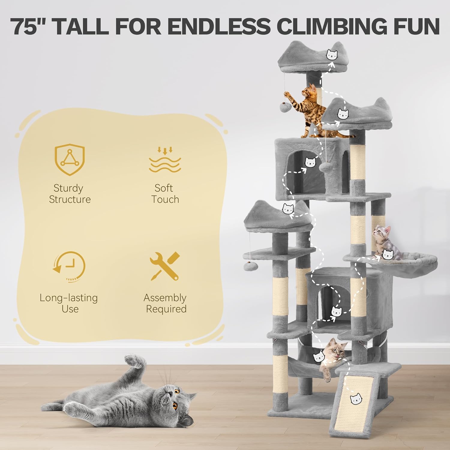 review DWVO Tall Cat Tree for Indoor Cats, 75 inches Multi-Level Cat Tower with Sisal Scratching Posts & Ramp, Plush Perches, Hammock, Spacious Condos, Cat Activity Center for Kittens,Grey