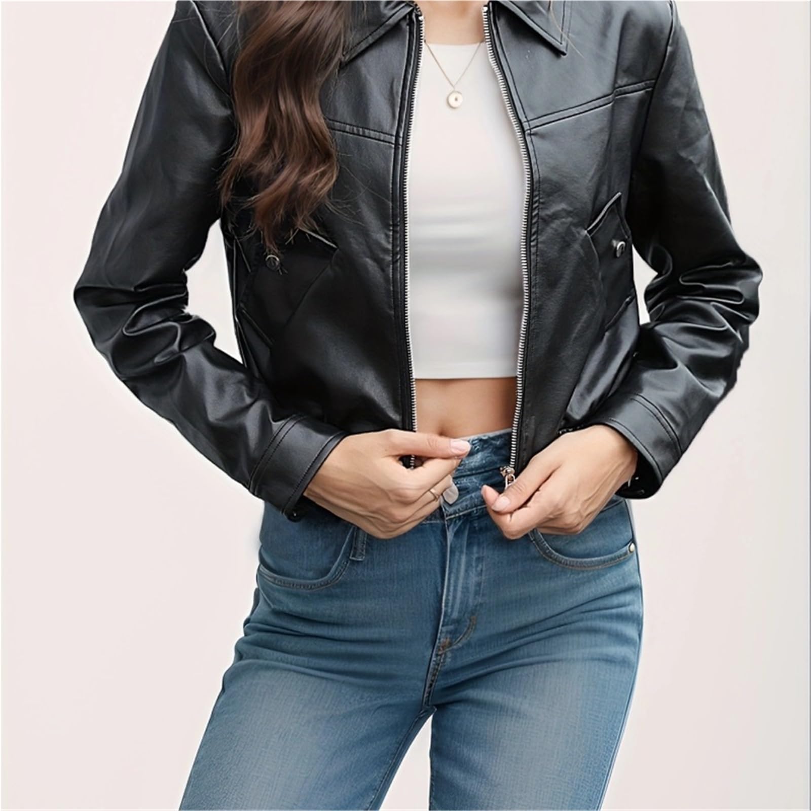 Chaqueta Cuero Mujer Chaqueta corta de cuero for mujer, moda PU, con cremallera y bolsillo for motocicleta Para salir
