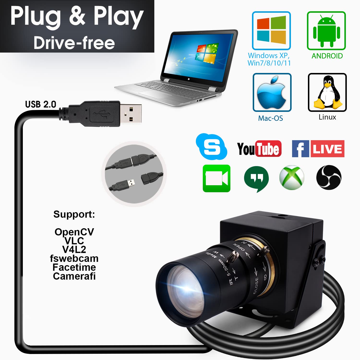 Svpro 8MP USB Webcam mit 10X-Zoom-Objektiv 5-50mm CS Mount - Varifokale Kamera für Laptop, PC, Computer, Plug and Play UVC 2448P
