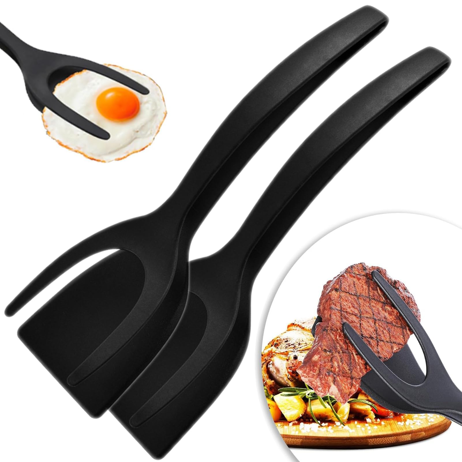 2 in 1 Grip and Flip Spatula Tongs, Fried Egg Turner Spatula, Fried Egg Flipper, Pancake Fish French Toast Omelet Cooking Tools, Frying Tongs Flip Tongs for Egg Steak Frying Turn Grill (2Pcs Black)