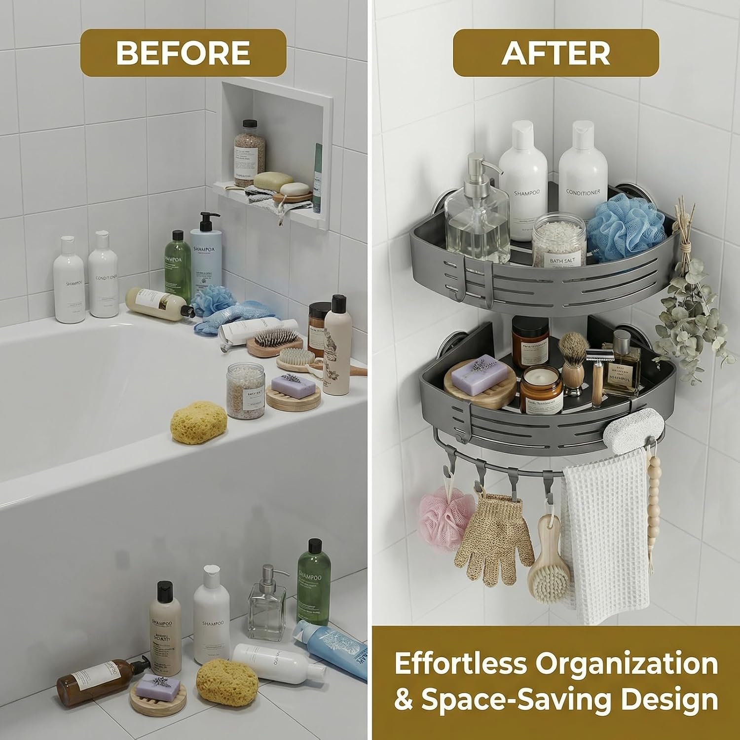 2 Pack Corner Shower Caddy, Suction Cup Shower Shelf with Removable Hooks, No Drill Aluminum Bathroom Organizer for Shower Storage and Organization (Gray)