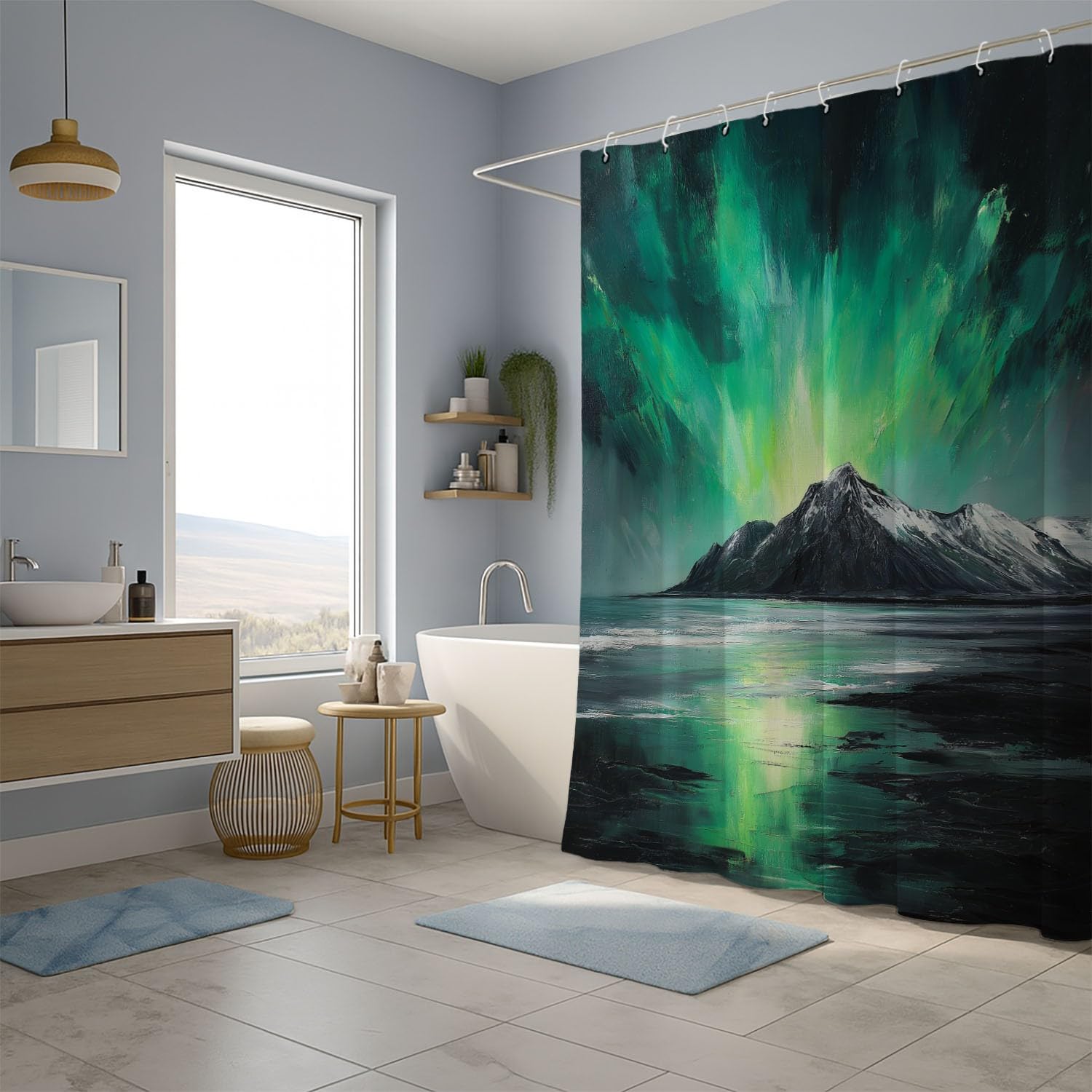 Generisch Zasłona prysznicowa 180 x 180 cm, zestaw 1 szt., miękka mikrofibra, wodoszczelna i odporna na pleśń, nadaje się do prania, do łazienki i wanny, z oczkami i haczykami, zielona, obraz olejny