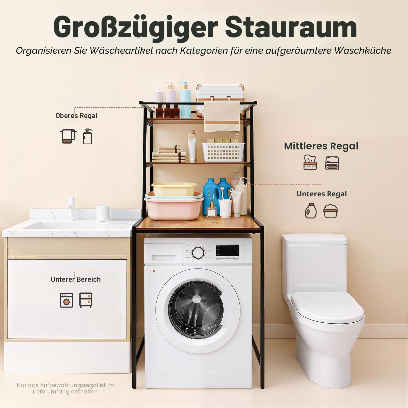 Waschmaschinenregal,Waschmaschinenschrank Waschmaschinenregal überbau mit 3 Ablagen, WC-Regal, stehendes Regal über Toilette,Metall Holzwerkstoff, B69 x H176 x T65 cm (Schwarz+Eiche)