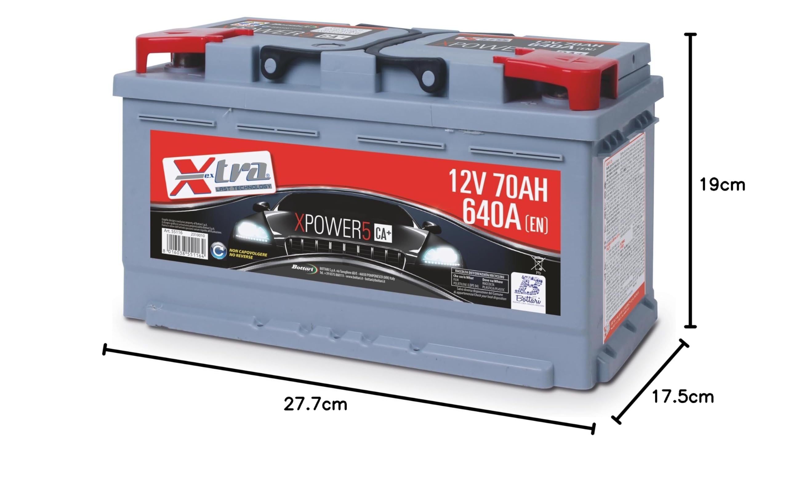 Bottari 55116 Akumulator 12V 70 Ah X-Tra 640A, Biegun Dodatni po Prawej Stronie, Wymiary 277 x 175 x 190 mm, Złącza Standardowe