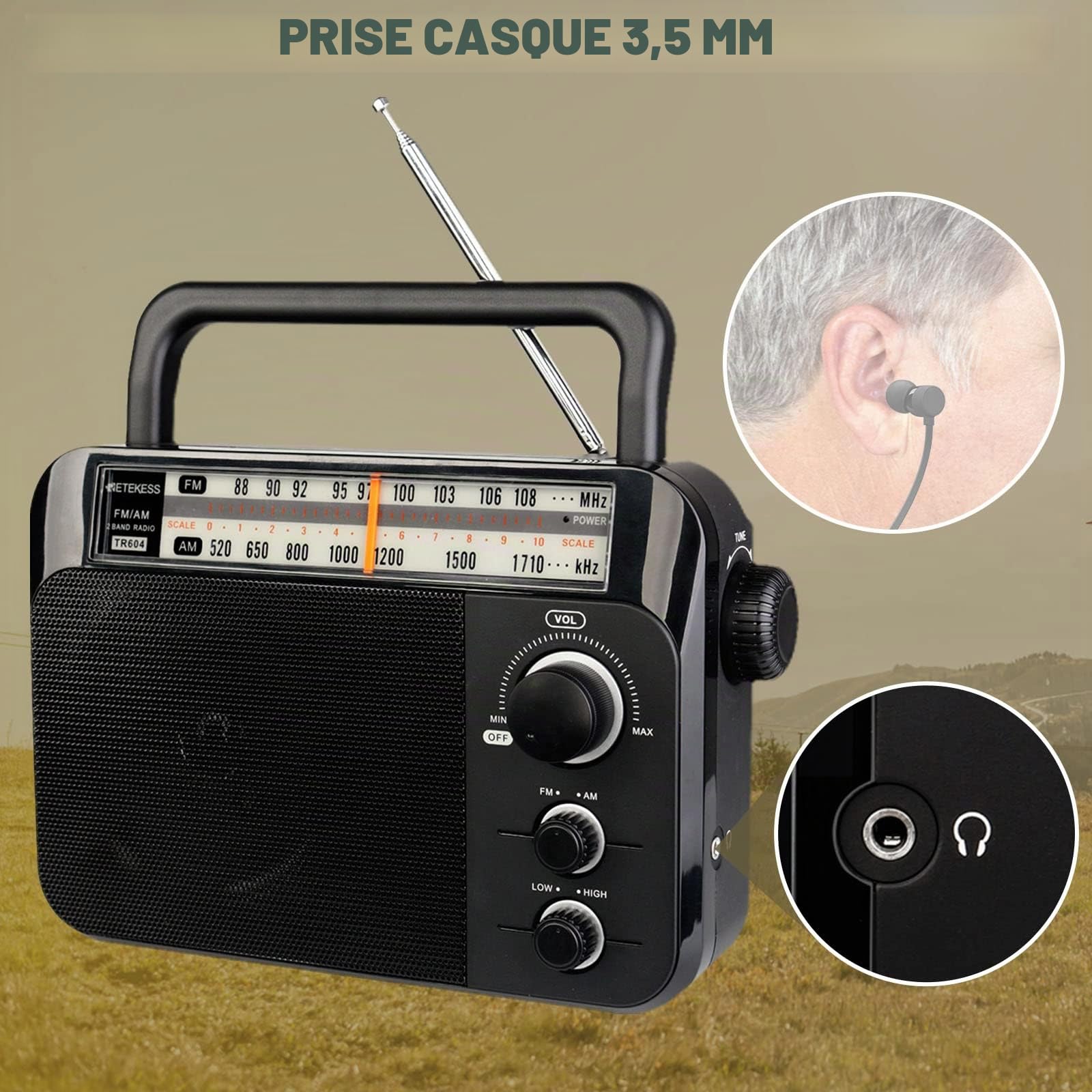 Retekess TR604 Radio Portable FM, Poste Radio Pile et Secteur, Excellente Réception Antenne, Transistor, Enceinte, Prise Casque, Grand écran,en Cadeau, pour Personnes Âgées