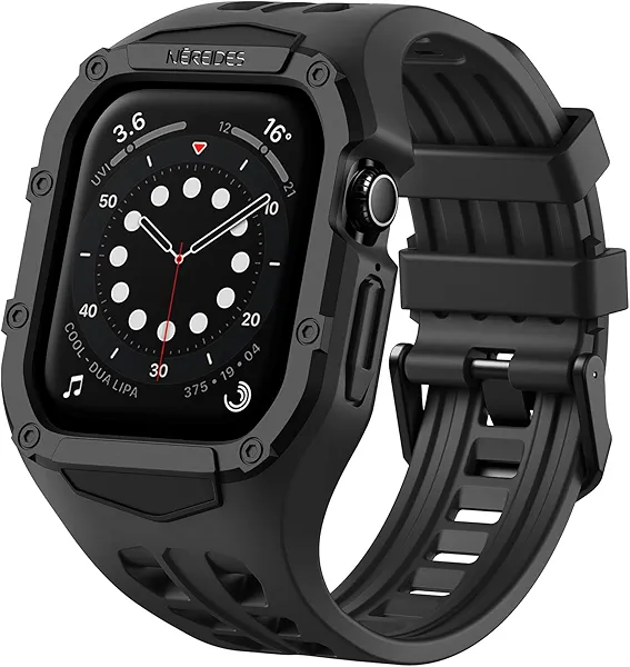 Nereides Rugged Sport band with Protective Case Compatible with Apple Watch 45mm 44mm, Shockproof Rugged Band for apple watch SE3/SE2/SE/9/8/7/6/5/4 (Black)
