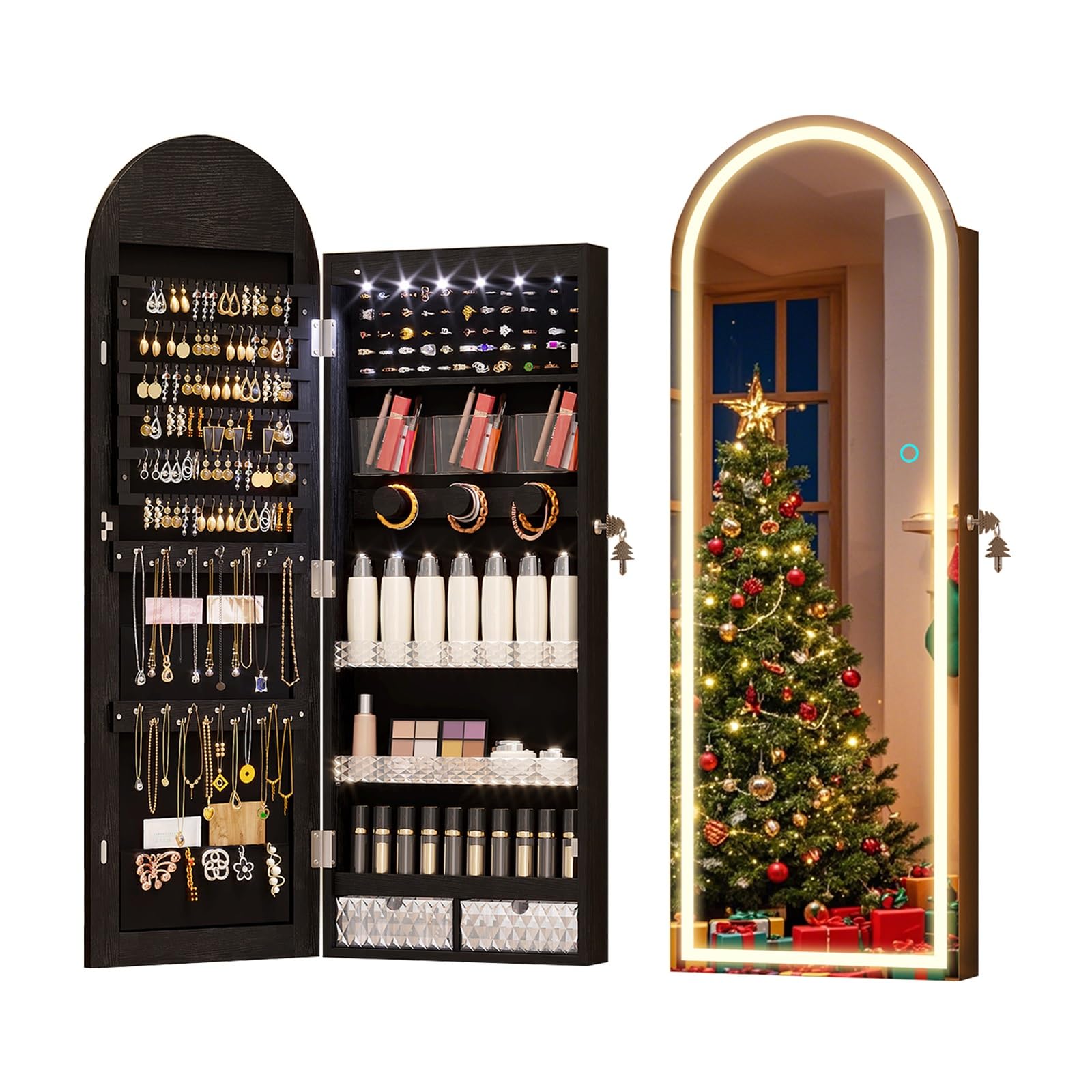 HXYhydrypd HXYhydrypd Espejo Joyero Arqueado de 108 Cm para Montar en la Pared o la Puerta, Armario para Joyas con Espejo LED, Espejo Maquillaje con Luz con Cerradura y Almacenamiento(Black)