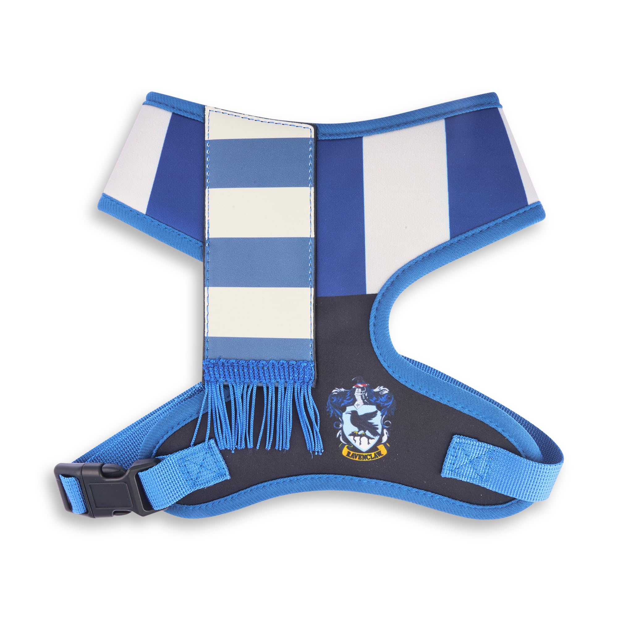 Harry Potter Pet Harness, Dog Collar Plastic Buckle, Ravenclaw Stripe Blue Gray with Scarf Applique, Fits Dog with 16" Neck Size and 20-31" Chest Girth — image 1