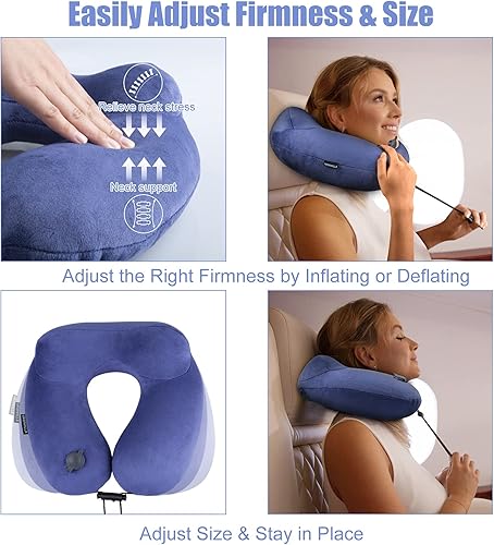 Miniatura 5 de urophylla almohada de cuello inflable para viajes en aviones, soporte de cuello de terciopelo súper suave, firmeza ajustable, almohada para avión