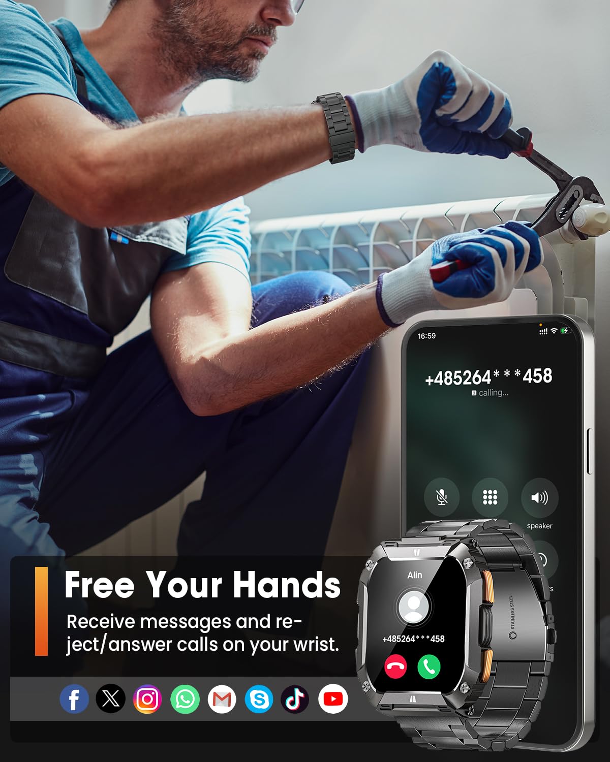 Montre Connectée Homme avec LED Lampe/1000mAh Batterie, 2.01" AMOLED Smartwatch Militaire avec Appel Bluetooth, 113 Modes Sportifs, 5 ATM Étanche, 24/7 Fréquence Cardiaque/Sommeil Android iOS