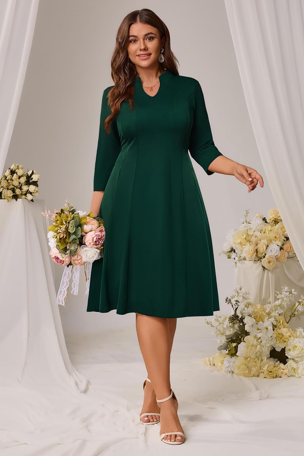 Runwind Plus Size Dresses for Curvy Women, V-Neck 3/4 Sleeve Semi-Formal Fall Church Wedding Guest Cocktail Party Midi Dress - Image 3
