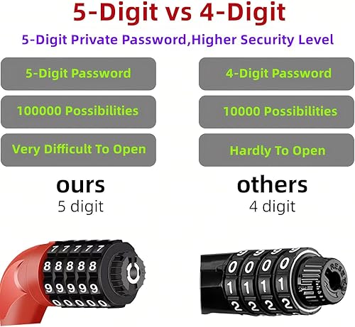 Miniatura 2 de Cerradura de bicicleta, cerradura de cable antirrobo portátil negro, cerradura de bicicleta de combinación de 5 dígitos de alta seguridad, cerradura