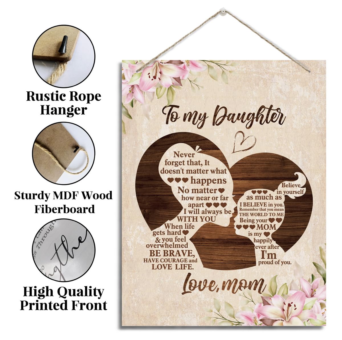 BQL Daughter Gift, Decorative Hanging Wood Sign, 'To My Daughter', Love Theme, Traditional Style, Earth Tones, Rectangular Shape, Perfect for Various Settings 3