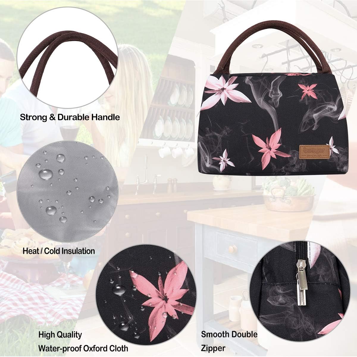 Buringer Reusable Insulated Lunch Bag Cooler Tote Box Meal Prep for Men & Women Work Picnic or Travel (Pink Flowers)