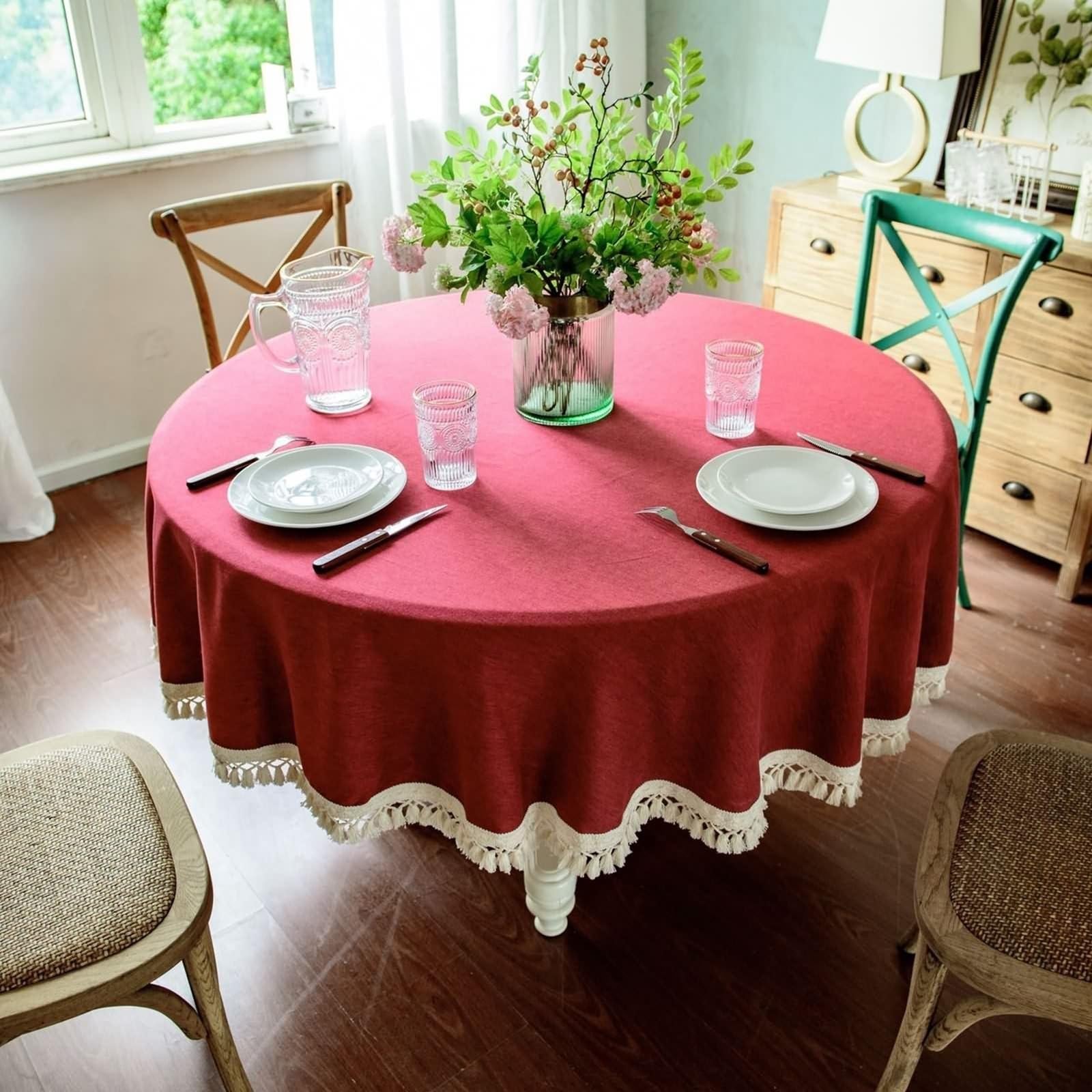 Runde Tischdecke 160 cm, Tischdecke Polyester Abwaschbar 2-4 Personen Einfarbiges Rot mit Spitze Tischwäsche Landhausstil Deko