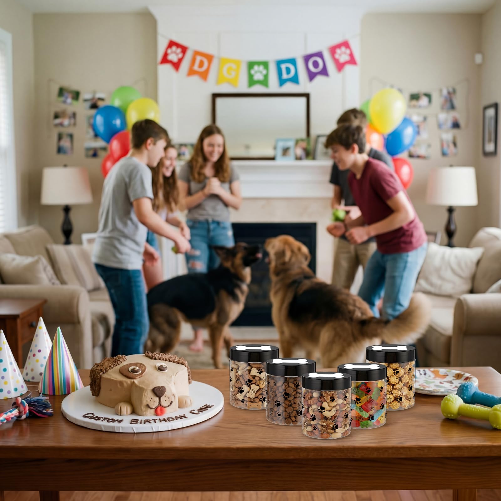Suclain Confezione da 12 barattoli in plastica da 226,8 g, con coperchio con etichette per osso, piccoli contenitori vuoti trasparenti per alimenti secchi, snack, snack per cani, gatti, feste di