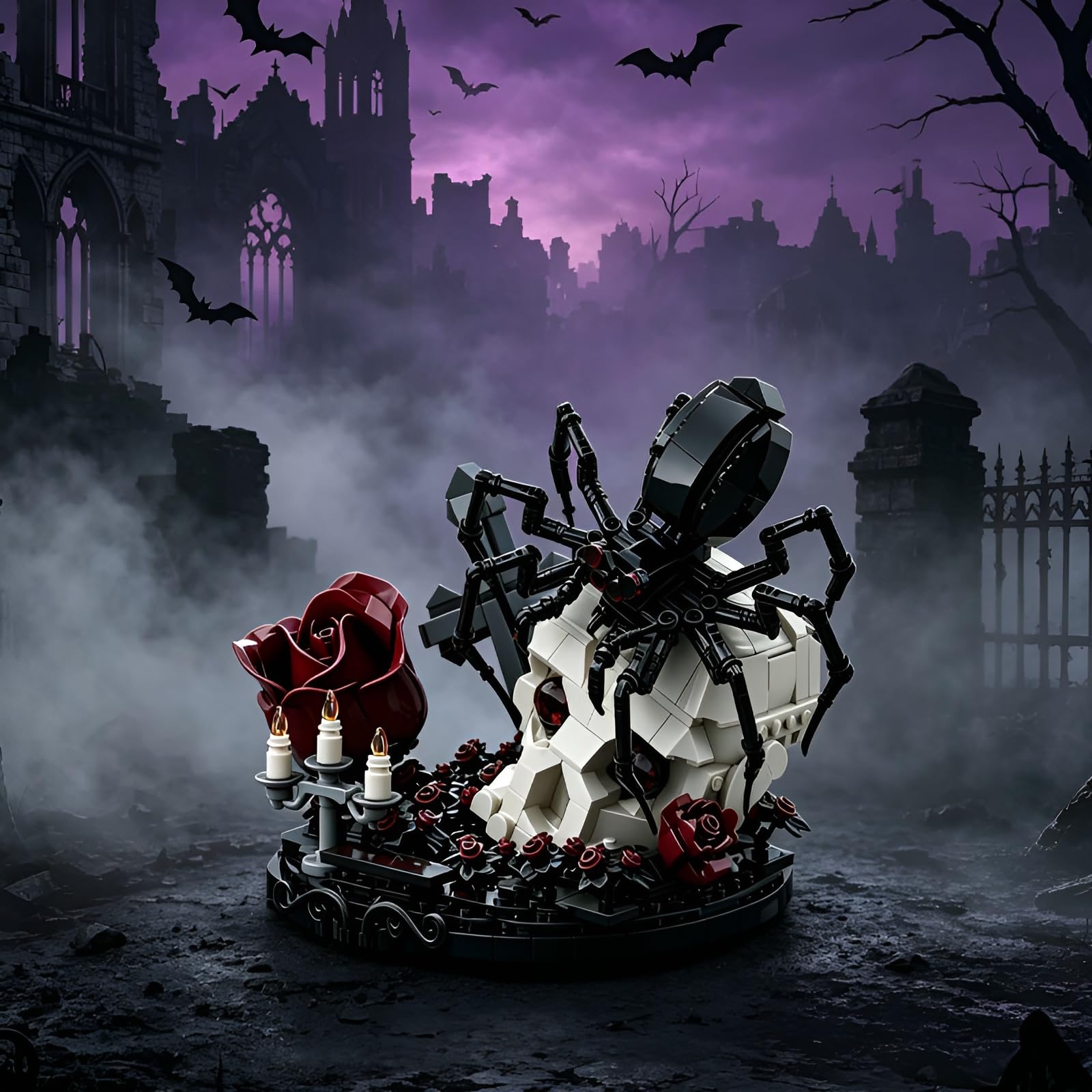 Gothik Spinne Totenkopf Rosen Bausteine Set, 859Stk Friedhof Cross Modell | Dunklen Skelett Dekoration Klemmbausteine, Halloween Dekor Geschenke für Jugend und Erwachsene Gothic Fans