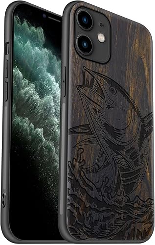 Carveit Funda de madera para iPhone 11 madera maciza y TPU suave negro a prueba de golpes, funda protectora de madera única compatible con iPhone 11