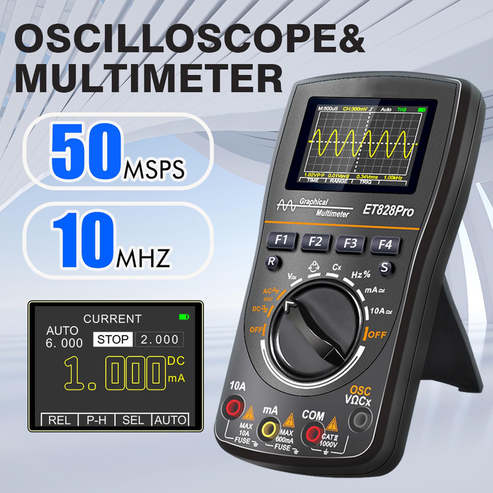 Multímetro de Osciloscopio Digital para Automoción, Multímetro de Osciloscopio Portátil 2 en 1 con 6000 Recuentos, 50 Msp, 10 MHz, Rango Automático, Pantalla Retroiluminada por