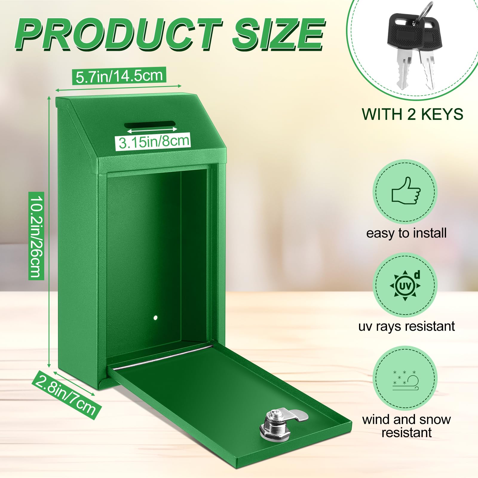 Yaocom Caja de metal para donación, caja de sugerencias segura con cerradura, buzón montado en la pared, contenedor de papeleta de entrega para casa, oficina, puerta al aire libre (verde brillante)