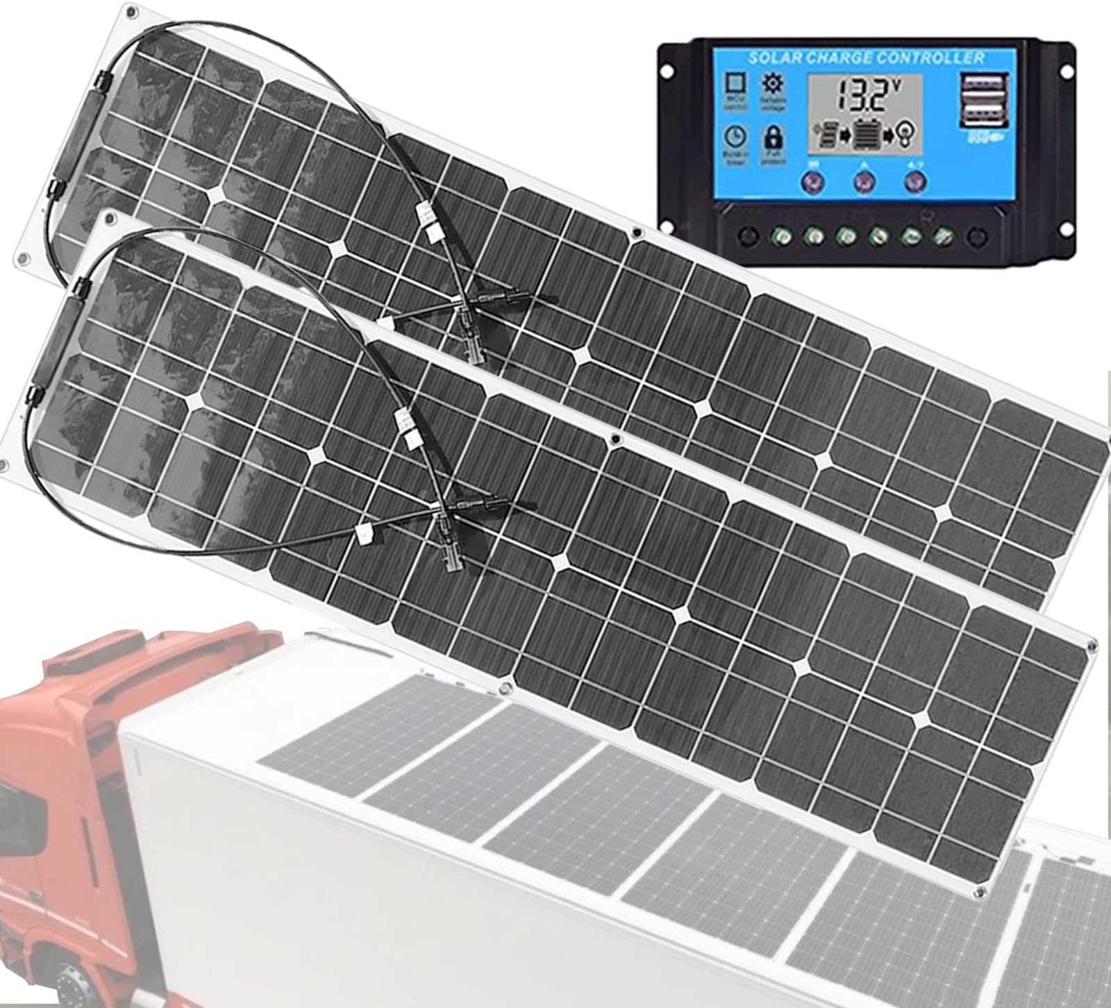 Panele fotowoltaiczne 200 W (zestaw 2 sztuk), elastyczna ładowarka do samochodów kempingowych i łodzi, autonomiczny generator solarny z 6 otworami mocującymi, biały