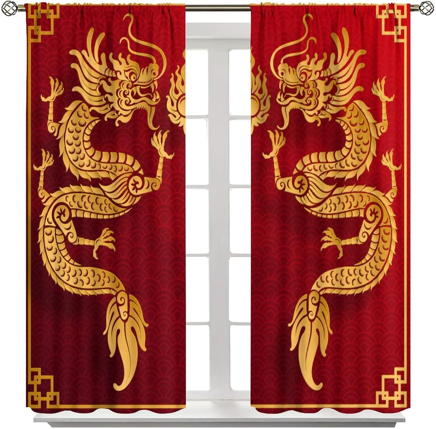 Golden Dragon Curtains Asian Tradition Elements Chinese Dragon Red Background Blackout Window Drapes Living Room 2 Panels 63x72in