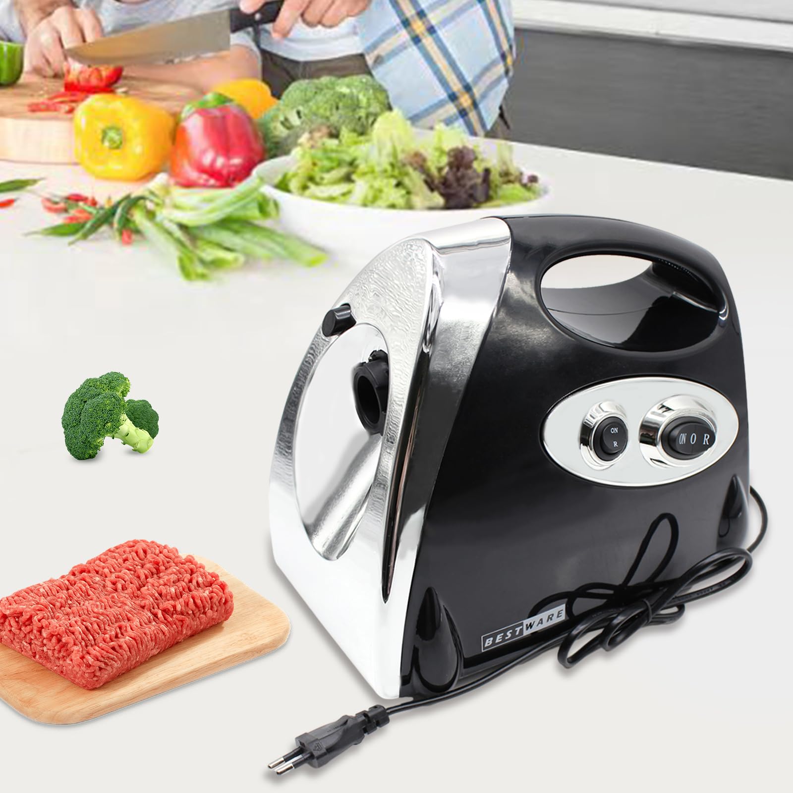 Maszynka do mięsa 800 W, stal nierdzewna, z 3 metalowymi tarczami i wypełniaczem kiełbasy 1,5-2 kg/min, zabezpieczenie przed przegrzaniem i bieg wsteczny (220 V, czarna)