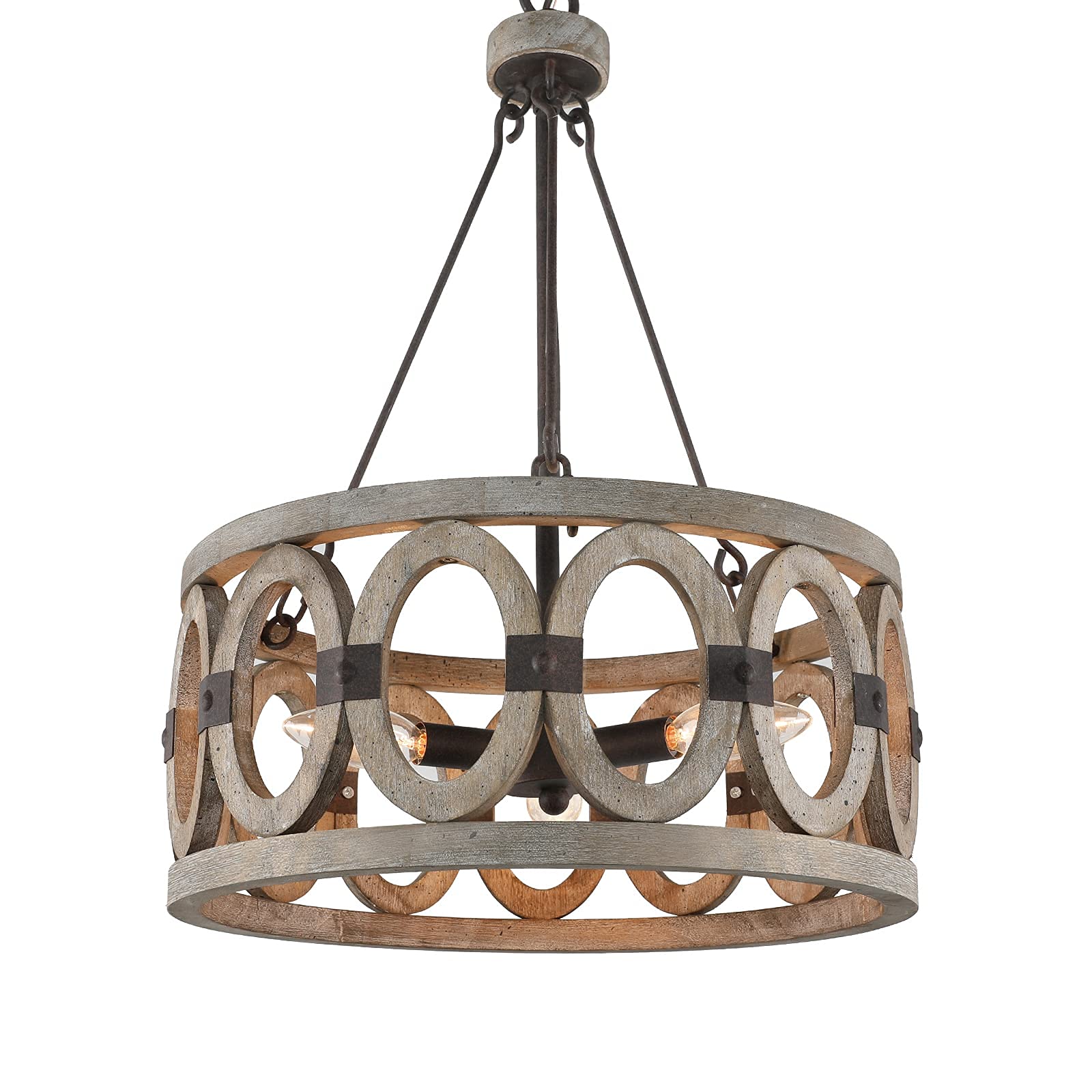 Farmhouse Chandelier,Rustic Wooden Drum Chandelier 3-Light Antique Wood Pendant Light Hanging Ceiling Light Fixtures for Living Room,Dinning Room,Bedroom,Foyer,French Country Chandelier D15.3H22inch