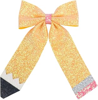 Pencil Bow Hair Clip Glitter Back to School Hair Barrette Ponytail Holder Large Yellow Pencil Bow Alligator Clips Hair Accessories for Women Girls