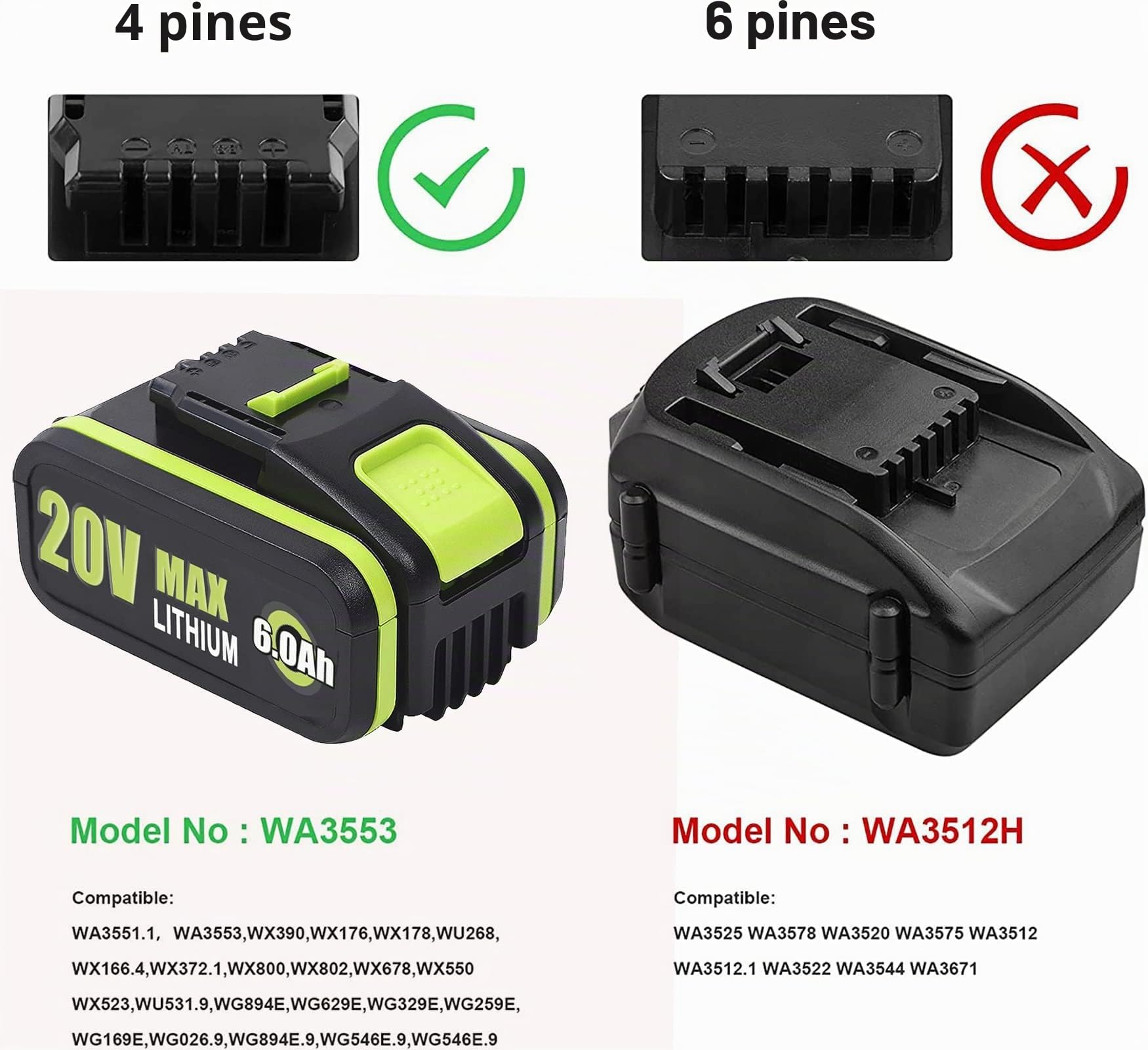 2 x 6,0Ah baterías de Repuesto de 20V para WA3551/WA3553, para Herramientas eléctricas inalámbricas WA3551.1 WA3551 WA3572 WA3553 WA3760 WA3881 WX390 WX176 WX178 WU268 WX166.4 WX372.1 WX800