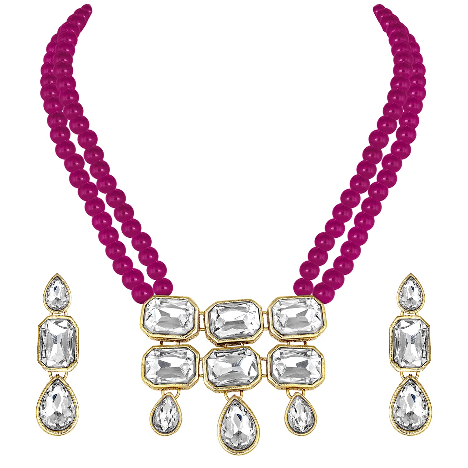 Peora Gold Plated Crystal Faux Pearls Necklace with Drop Earrings Jewellery Set for Girls & Women (Rani Pink) (B0BCQFBCDS) Amazon Price History, Amazon Price Tracker