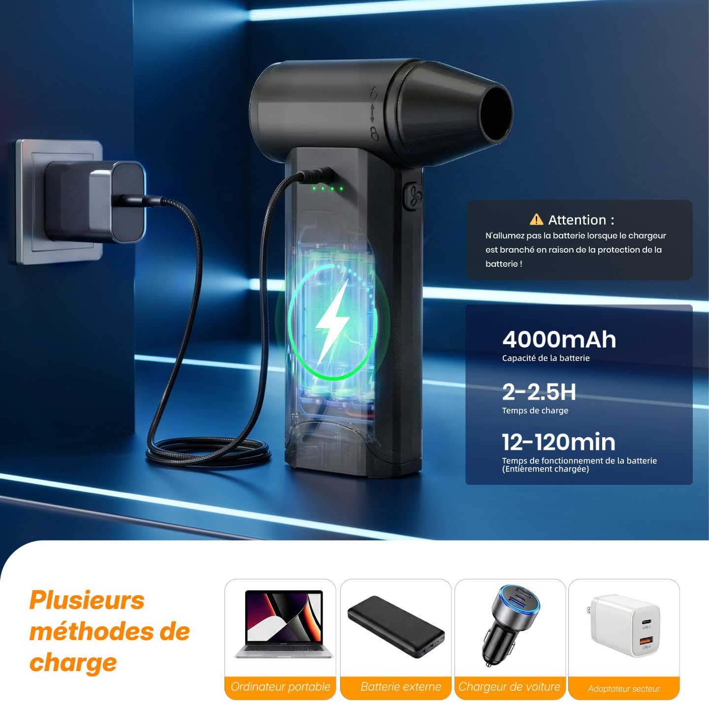 Souffleur d'Air Comprimé Électrique 110000RPM, Nettoyeur Clavier sans Fil, Jet Fan Puissant pour PC, Voiture et Maison, Alternative aux Bombes d'Air Sec, Dépoussiérant Portable Rechargeable (noir)