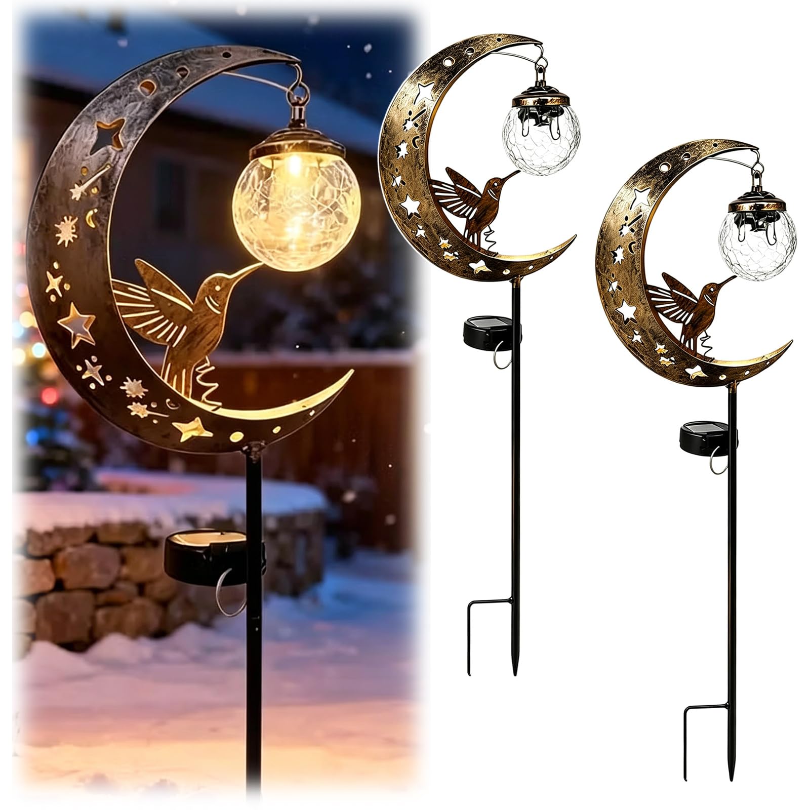 Solar Garden Lights Outdoor Decor,Waterproof Half Moon Crackle Glass Globe,Hummingbird Metal Stake,Warm Yellow LED Pathway Light,For Yard Patio Pathway,Gift For Mom Grandma Friends(2pcs,Hummingbird)